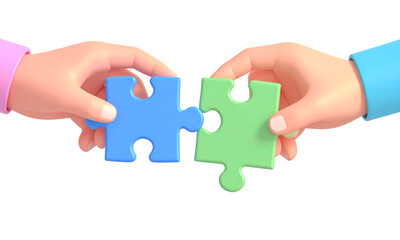 Two hands holding blue and green puzzle pieces, connecting together, symbolizing teamwork, cooperation, partnership, and problem solving in creative and positive way