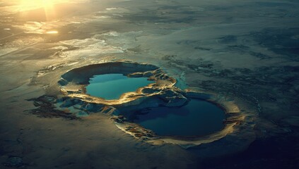 Aerial view of two turquoise lakes in a dried-out, light-brown crater-like landscape, sunlit