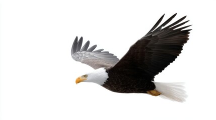 Fototapeta premium An eagle soaring gracefully through the air captures a moment of freedom. Majestic wings spread wide against a bright background. Perfect for nature lovers and wildlife enthusiasts. AI