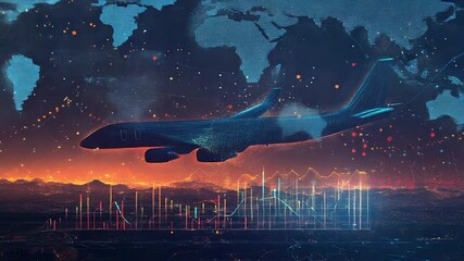 Airplane flying over illuminated city with stock market charts and data points - Powered by Adobe