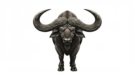 Majestic Buffalo with Impressive Horns on a White Background