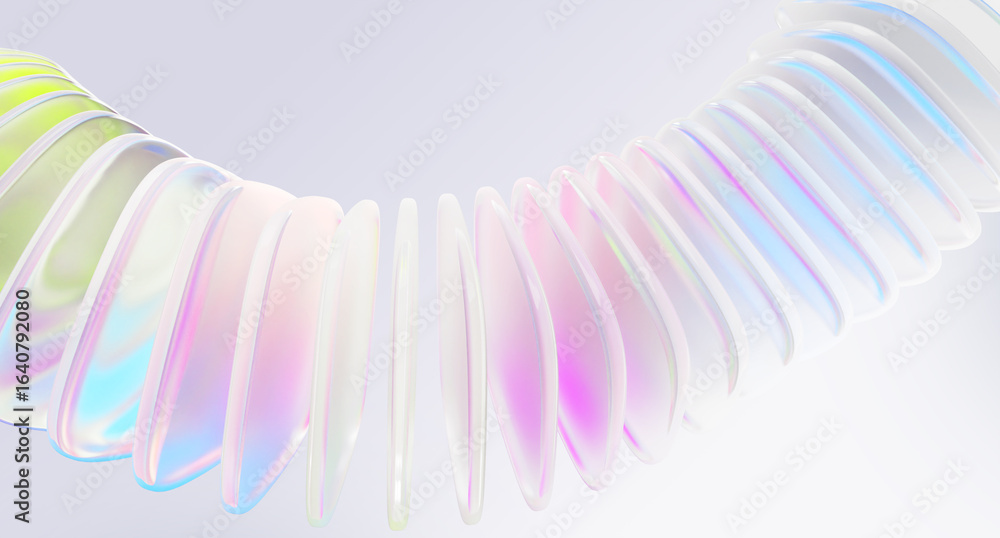 Poster pastel light 3d background with row of glass holographic transparent square plate shapes render. abs