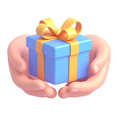 Blue gift box yellow ribbon cartoon hand 3D illustration present surprise celebration cheerful isolated festive