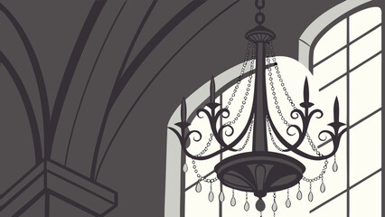 Elegant victorian chandelier with crystal accents hanging in a grand room with arched windows and gothic architectural details