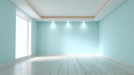 Bright Empty Room with Blue Walls and Wooden Floor, Ideal for Interior Design Mockups and Renovations