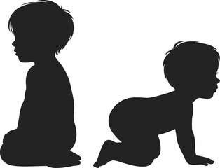 Child silhouette illustration, sitting toddler pose, crawling baby position, early childhood development, black outline children, detailed vector art, isolated graphic, growth milestone stages.