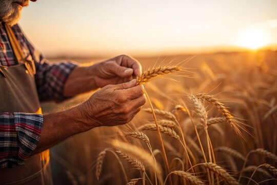 Elderly farmer inspecting wheat ears during sunset in golden field, showcasing harvest season