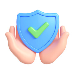 Blue shield green check mark and two hands symbolize security protection trust and safety in modern friendly 3D illustration style conveying sense of care and reliability