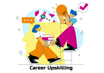 Career Upskilling Illustration featuring Self Improvement with Mentorship, Upskill, Development Strategies, and Smart Thinking in a Background