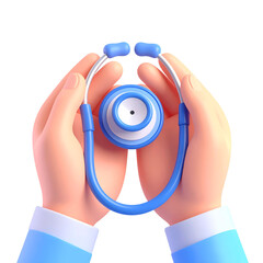 Hands holding blue stethoscope medical equipment healthcare concept hospital doctor nurse patient care health checkup trust compassion 3D illustration
