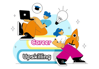 Career Upskilling Illustration featuring Self Improvement with Mentorship, Upskill, Development Strategies, and Smart Thinking in a Background