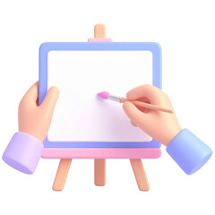 Hand holding paintbrush painting on blank canvas creative art concept pastel color 3D illustration isolated on transparency background artistic inspiration design education learning imagination fun