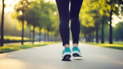 Close-up of Legs and Shoes of a Person Running on a Paved Path in a Sunny Park