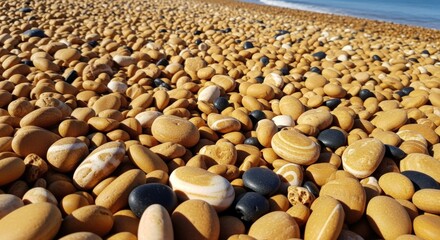 Fototapeta premium Pebble Beach Shoreline: Close-Up of Smooth, Round Stones in Natural Light, Ocean View Background