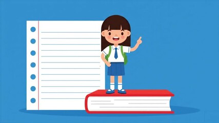 Cute schoolgirl in uniform standing on big book with notebook paper background for education and learning concept illustration - Powered by Adobe