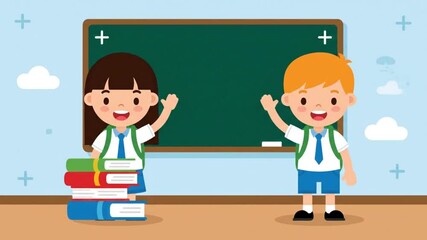 Happy school children waving in classroom with chalkboard background and stack of books for education and learning concept illustration - Powered by Adobe
