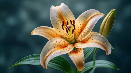 Obraz premium Blooming orange lily flower with water drops on teal background