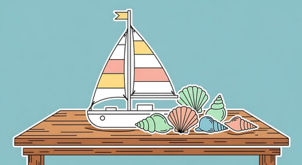 Fototapeta premium Sailboat and seashells on a wooden table evoking a sense of seaside vacation and summer holiday