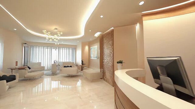 Modern hotel reception interior design with curved desk and waiting area