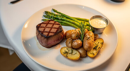 A plated gourmet meal featuring a grilled steak with crisscross grill marks, roasted potatoes garnished with rosemary and coarse salt, neatly arranged asparagus spears, and a small cup of sauce.
