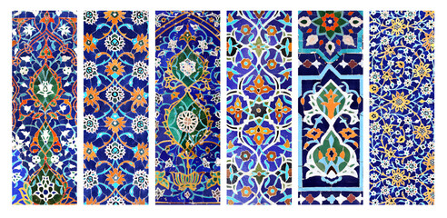 Set of vertical or horizontal banners with intricate detail of ancient mosaic walls with floral and...