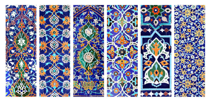 Set of vertical or horizontal banners with intricate detail of ancient mosaic walls with floral and geometric ornament. Collection of background with traditional islamic tile decor