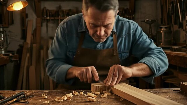 Mature man, a carpenter, hand carving wood with a chisel and mallet in a traditional workshop setting, woodworking footage.