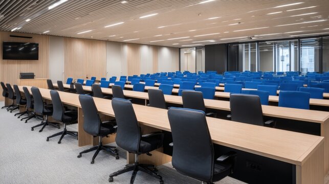 Empty Modern Conference Room with Rows of Seats and Desks Ready for Attendees - Powered by Adobe
