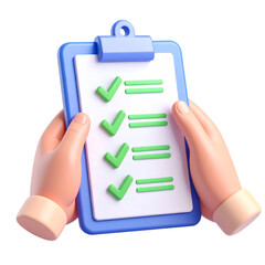 3D illustration of hands holding blue clipboard with checklist, featuring green check marks and white paper, symbolizing completed tasks and organization