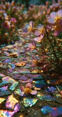 Obraz premium Close-up view of iridescent mosaic path with wildflowers
