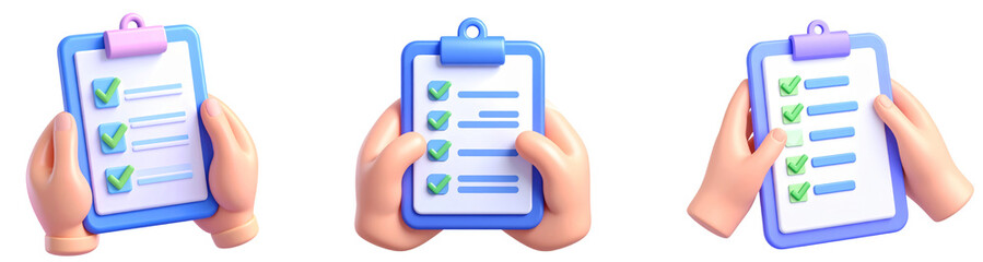 3D illustration of hand holding checklist clipboard, blue and purple color, completed tasks, organization, productivity, planning, isolated on transparency background