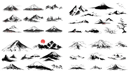 Artistic collection of Japanese mountains painted in traditional ink wash style, featuring Mt. Fuji and nature landscapes. © Creative Nest