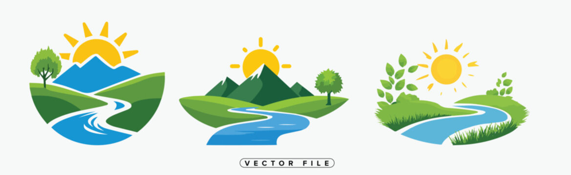 Set of colorful landscape icons with river and mountains in different styles