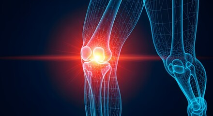 Stylized Leg Joint in Blue Wireframe with Red Pain Indication on Dark Backdrop