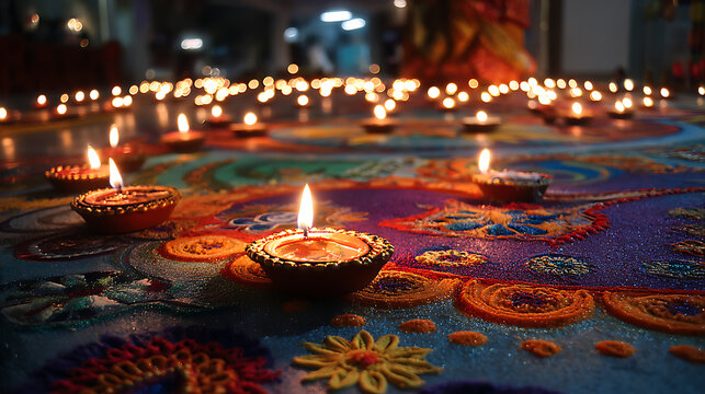 Diwali celebration with diyas and rangoli design india hindu festival of lights tradition culture festive 100