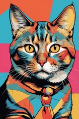 Fototapeta premium Brightly colored cat portrait with a geometric design wearing a tie against a vibrant background Generative AI