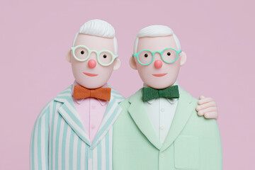 3D portrait of two elderly men in pastel green suits with bow ties on pink background

