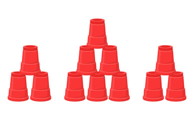 Sport stacking red plastic cups into pyramids. Game of speed and accuracy. Cups row pile for shot competition. Booze challenge. Fast gaming race. Ping pong tournament. Vector mug piles set