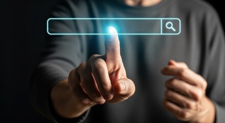 Man Taps Virtual Search Bar: Online Search Concept for Information Retrieval and Web Navigation
