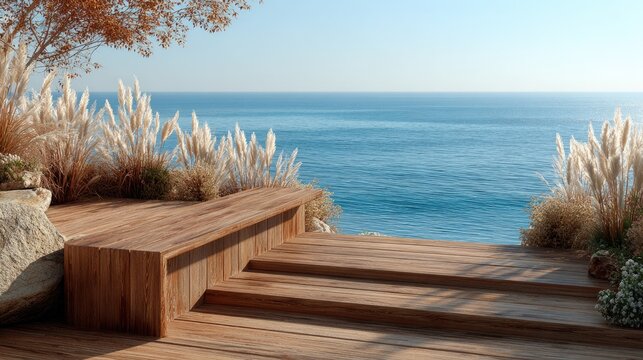 Wooden seaside bench overlooking ocean