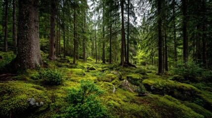 Obraz premium Lush Green Forest Landscape with Moss Covered Rocks and Towering Trees, Ideal for Nature Backgrounds