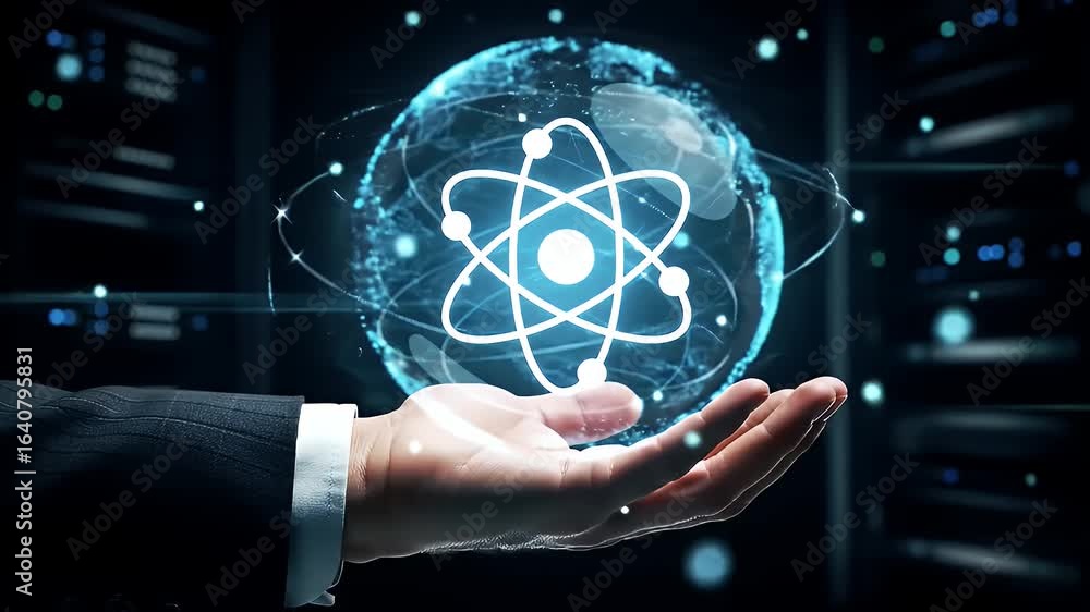 Poster hand holding a glowing atom symbol in front of server racks representing cutting edge technology and