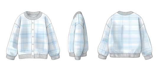 Light blue and white plaid cardigan, front, side, and back views