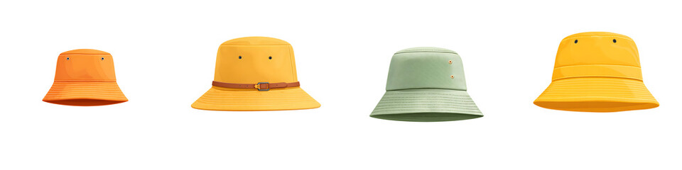 Fototapeta premium Collection of Colorful Bucket Hats on White Background - Summer Fashion and Style