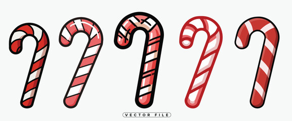 Illustration of various candy canes in different styles and colors