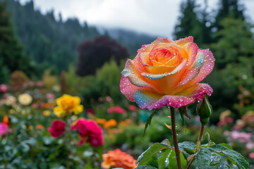 Close up of a unique multi colored rose in a lush garden