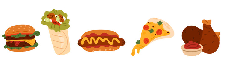 Fast street food. Burger with potato fries. Tasty pizza. Takeaway snack. Hotdog or shawarma. Chicken legs. American cuisine. Unhealthy nutrition. Vector set of colorful fastfood icons