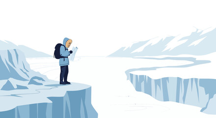 Obraz premium Lost explorer on icy landscape checking map in antarctica polar region illustration