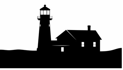Silhouette of a lighthouse with an adjacent building against a plain white background in black and white style