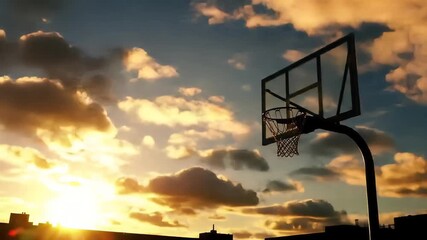 A captivating view of a basketball hoop against a breathtaking sunset scene